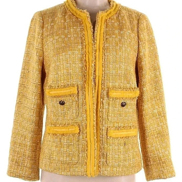 Talbots Classic Lined Butter Yellow Tweed Career Blazer Jacket Women's Small EUC - Picture 2 of 16